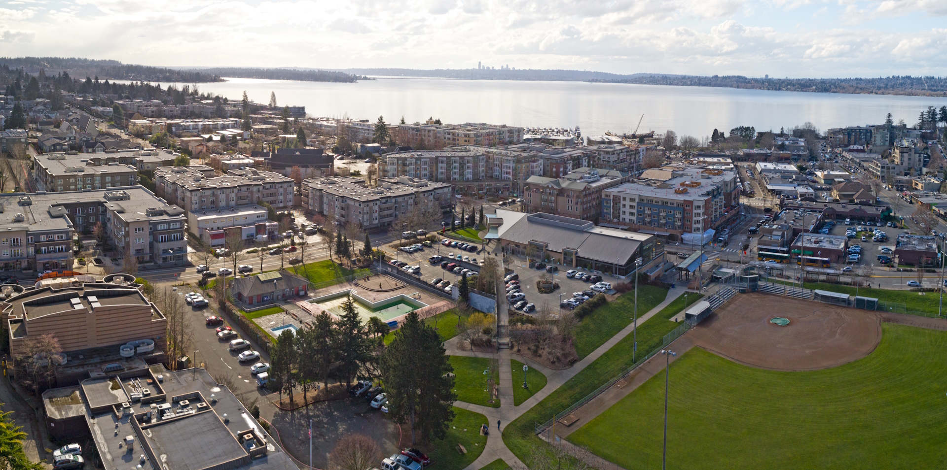 Kirkland Washington Downtown Aerial Panoramic View Looking Toward Lake Washington Seattle Skyline Kirkland Washington